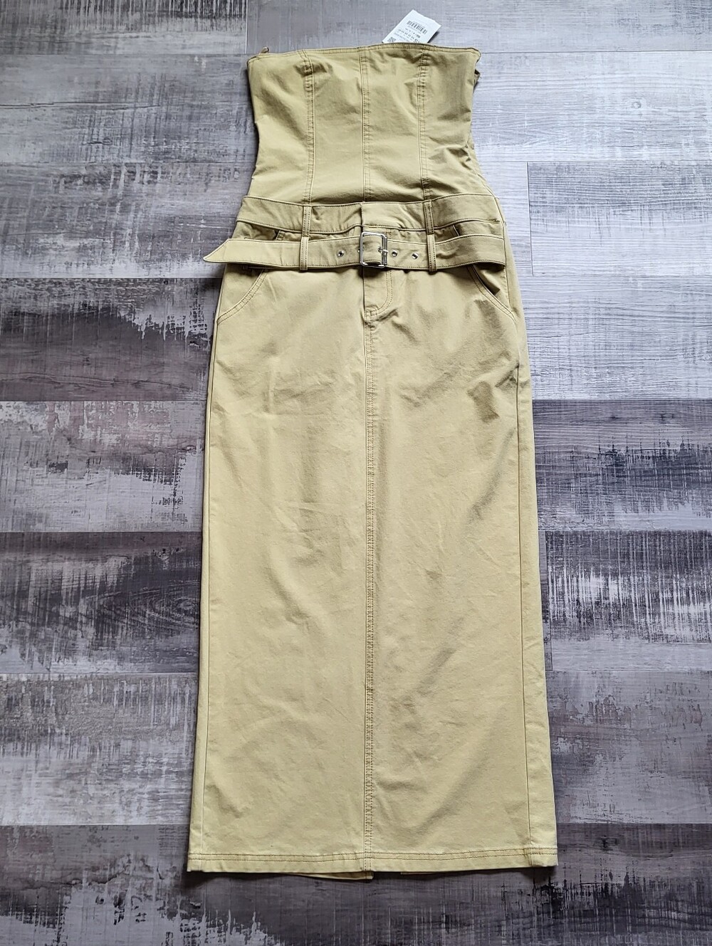 Zara Womens XS Strapless Maxi Dress Belted Khaki Utility Cargo Tube NWT Twill